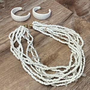 ❤️ Express White Beaded Necklace & Faux Leather Wrapped Hoop Earrings Set
